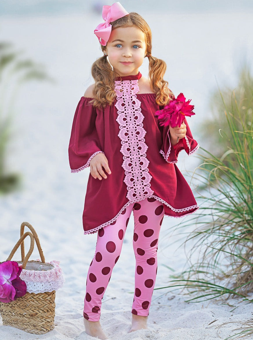 Girls Spring Outfits | Polka Dot Lace Halter Neck Tunic & Legging Set