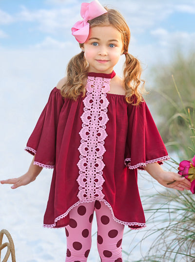 Girls Spring Outfits | Polka Dot Lace Halter Neck Tunic & Legging Set