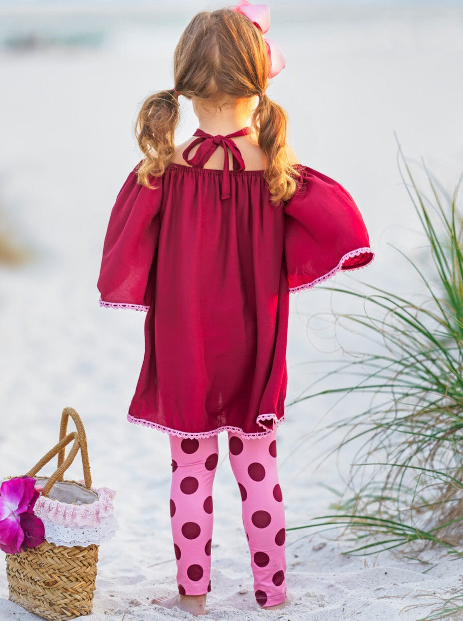 Girls Spring Outfits | Polka Dot Lace Halter Neck Tunic & Legging Set