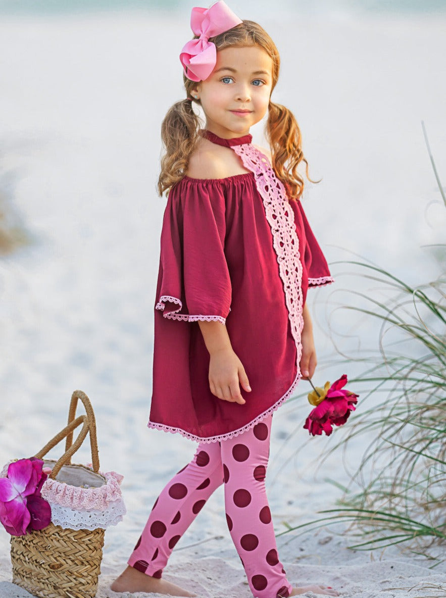 Girls Spring Outfits | Polka Dot Lace Halter Neck Tunic & Legging Set