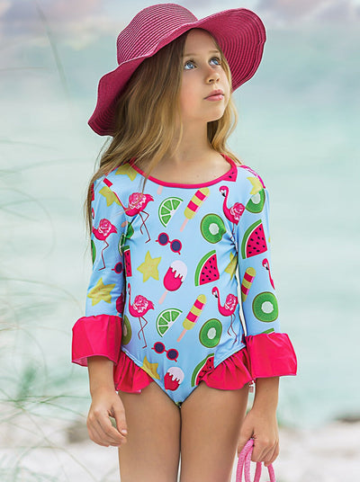 Kids Swimsuits | Girls Plunge Back Rash Guard One Piece Swimsuit