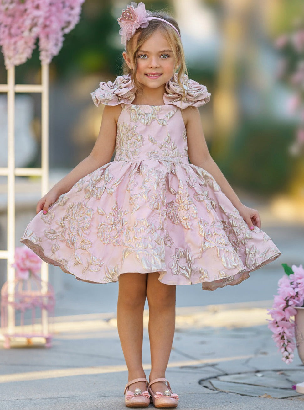 Girls Formal Dresses | Pink Flower Sleeve Brocade Pleated Dress
