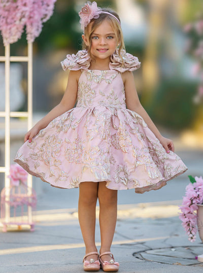 Girls Formal Dresses | Pink Flower Sleeve Brocade Pleated Dress