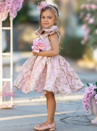 Girls Formal Dresses | Pink Flower Sleeve Brocade Pleated Dress
