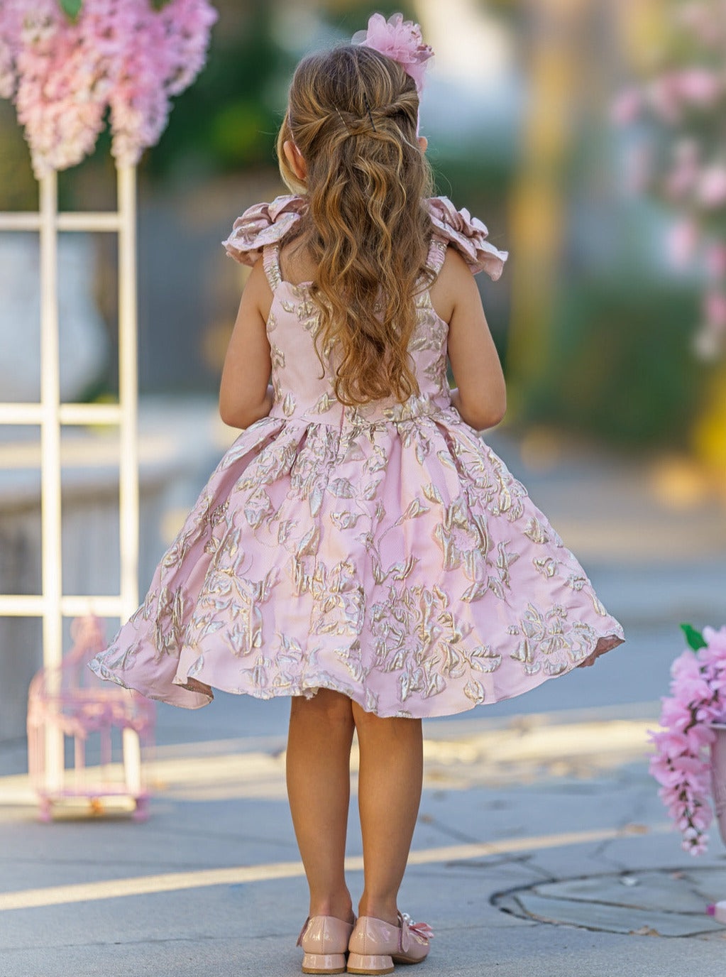 Girls Formal Dresses | Pink Flower Sleeve Brocade Pleated Dress
