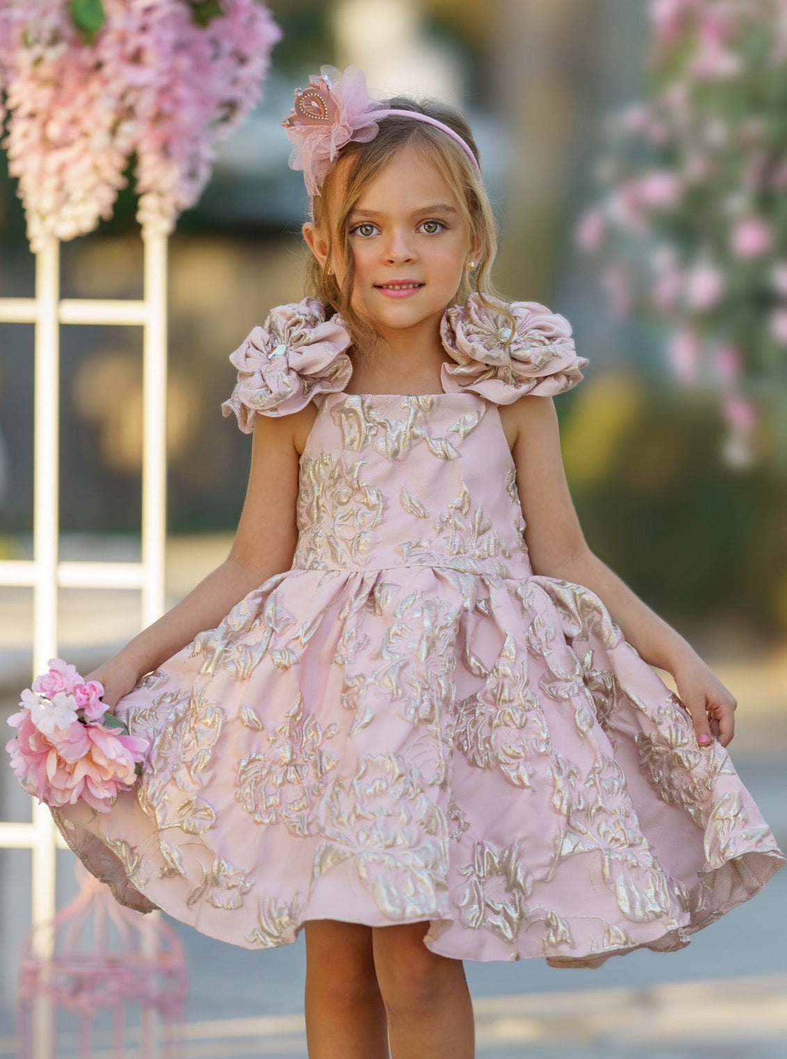 Girls Formal Dresses | Pink Flower Sleeve Brocade Pleated Dress