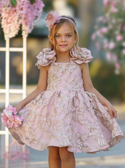 Girls Formal Dresses | Pink Flower Sleeve Brocade Pleated Dress
