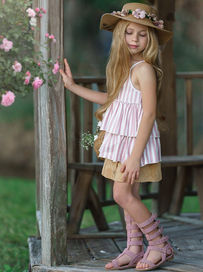 Toddler Spring Outfits | Girls Tiered Striped Tunic & Button Skirt Set