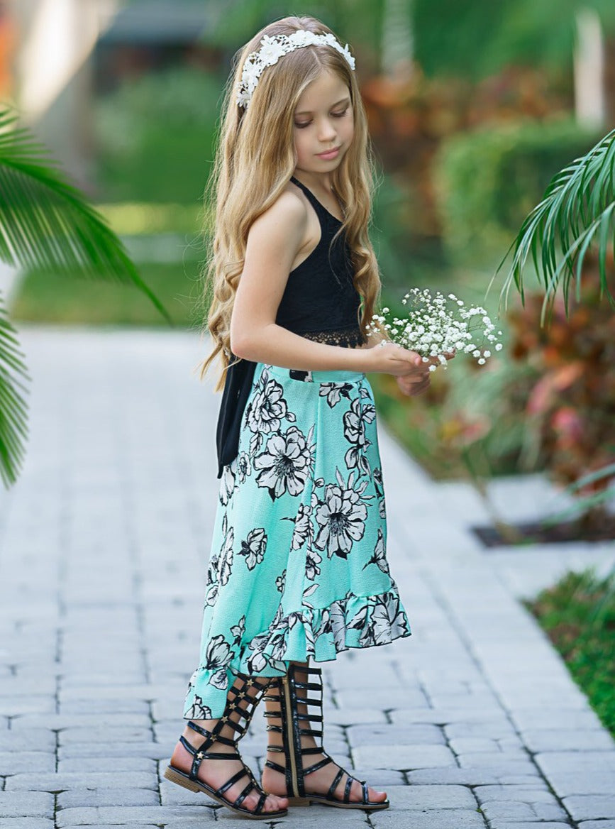 Kids Spring Clothes | Girls Crochet Halter Top & Floral Wrap Skirt Set