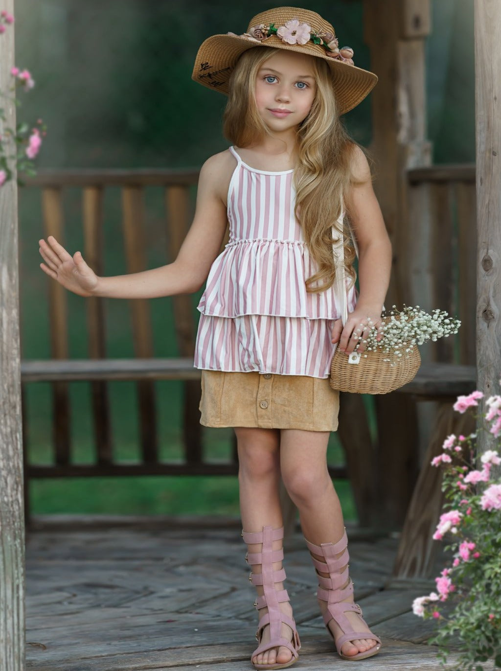 Toddler Spring Outfits | Girls Tiered Striped Tunic & Button Skirt Set