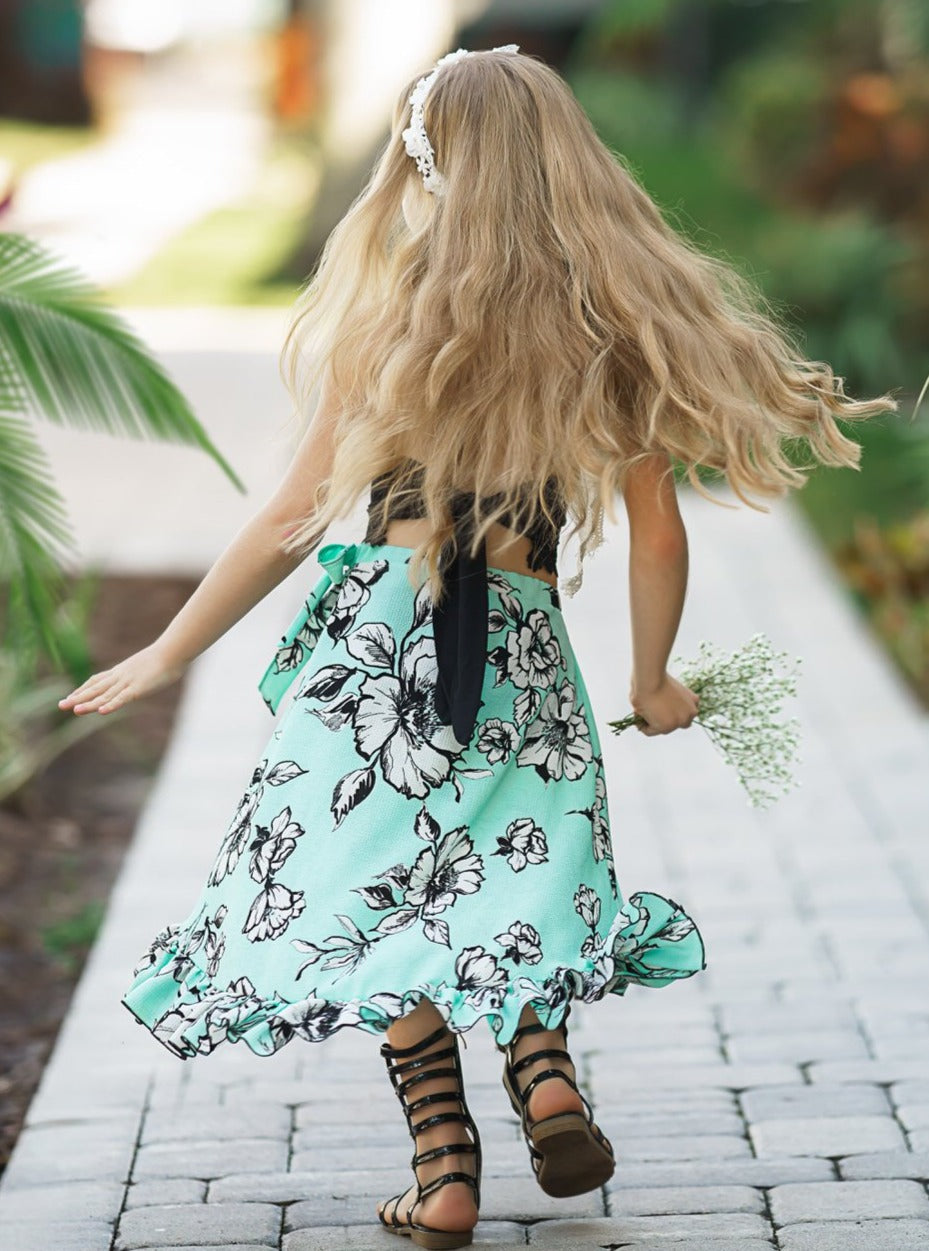 Kids Spring Clothes | Girls Crochet Halter Top & Floral Wrap Skirt Set