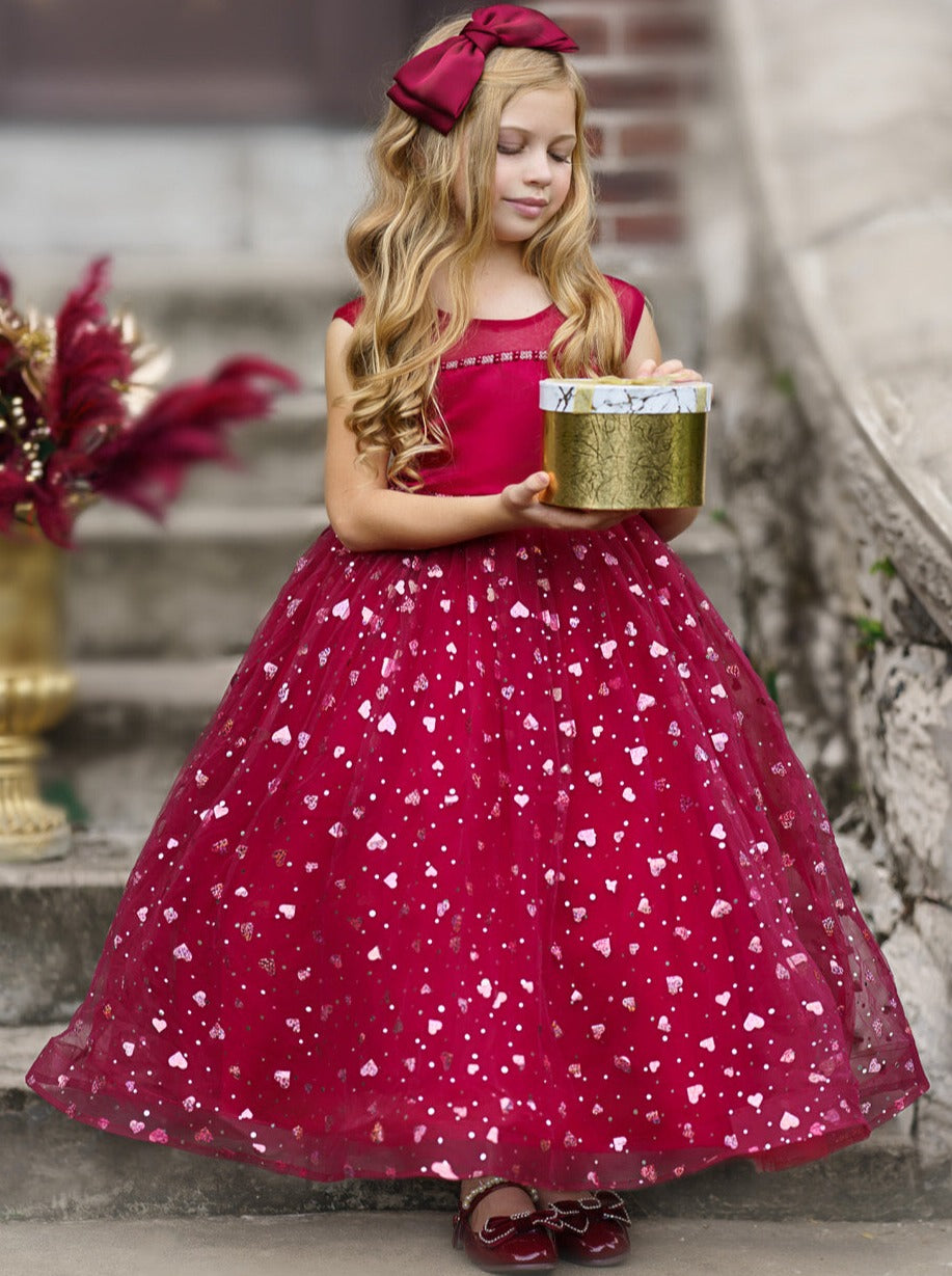 Little Girls Special Occasion Dress | Sparkle Heart Sheer Collar Gown