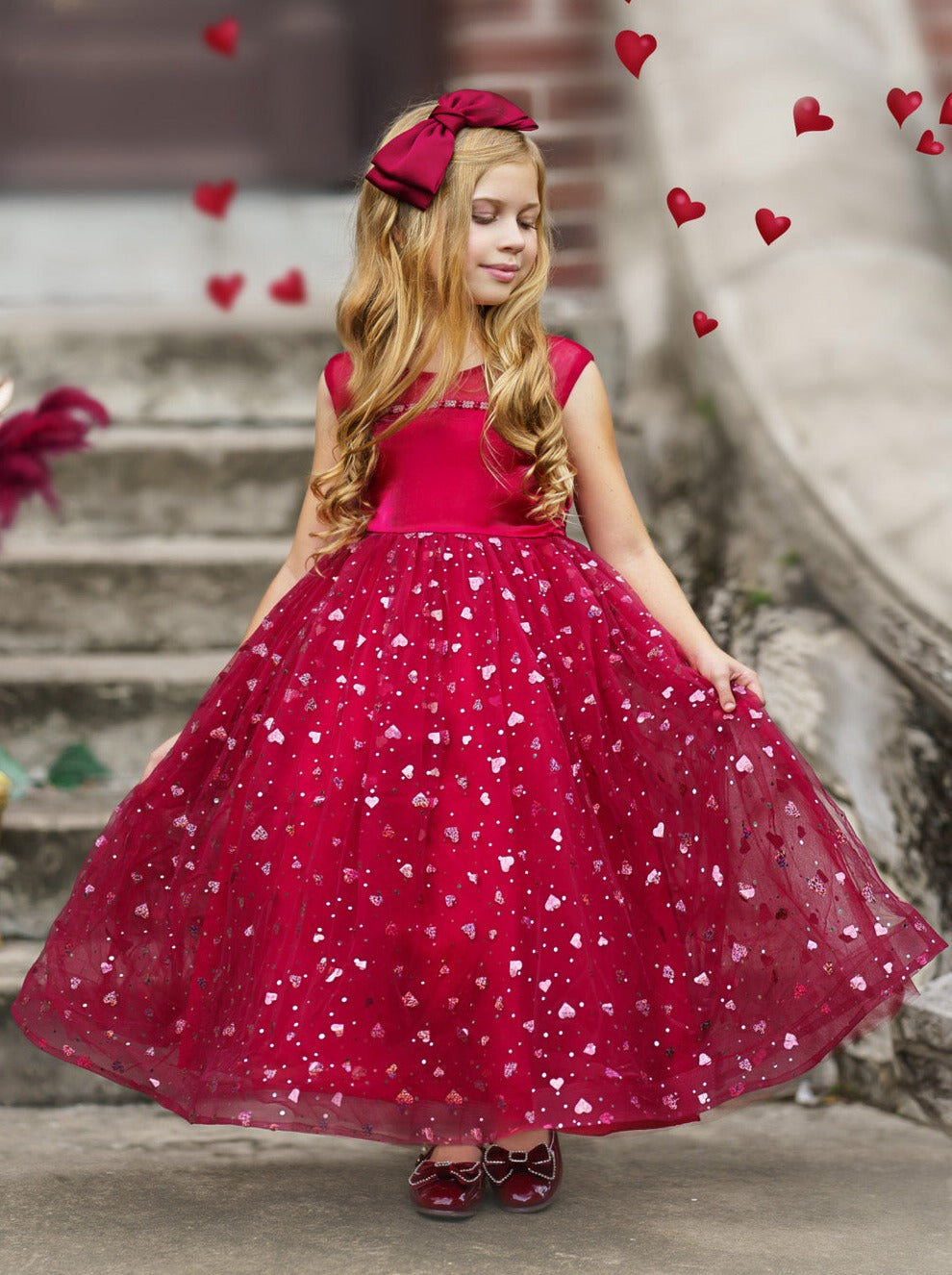 Little Girls Special Occasion Dress | Sparkle Heart Sheer Collar Gown