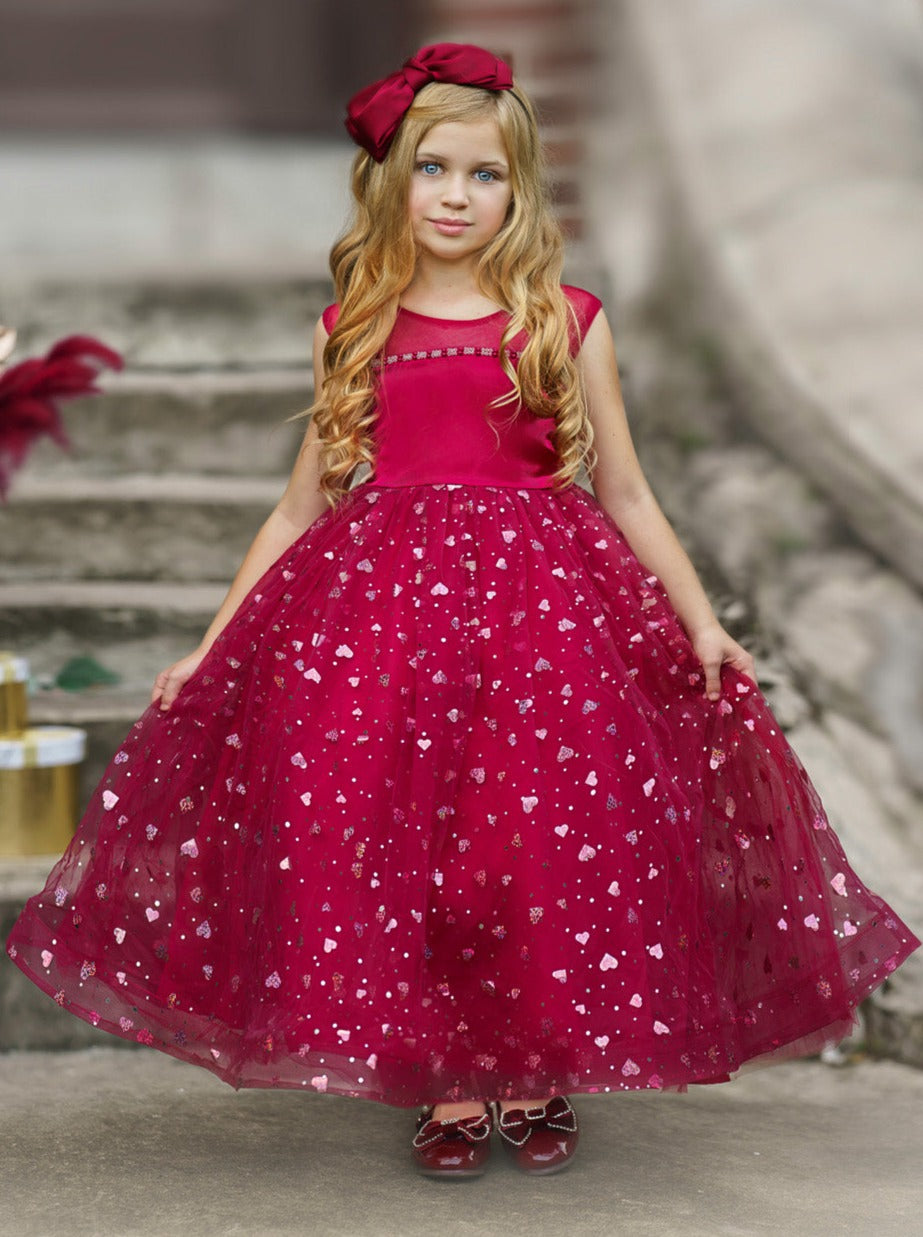 Little Girls Special Occasion Dress | Sparkle Heart Sheer Collar Gown