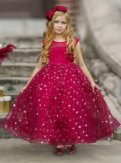 Little Girls Special Occasion Dress | Sparkle Heart Sheer Collar Gown