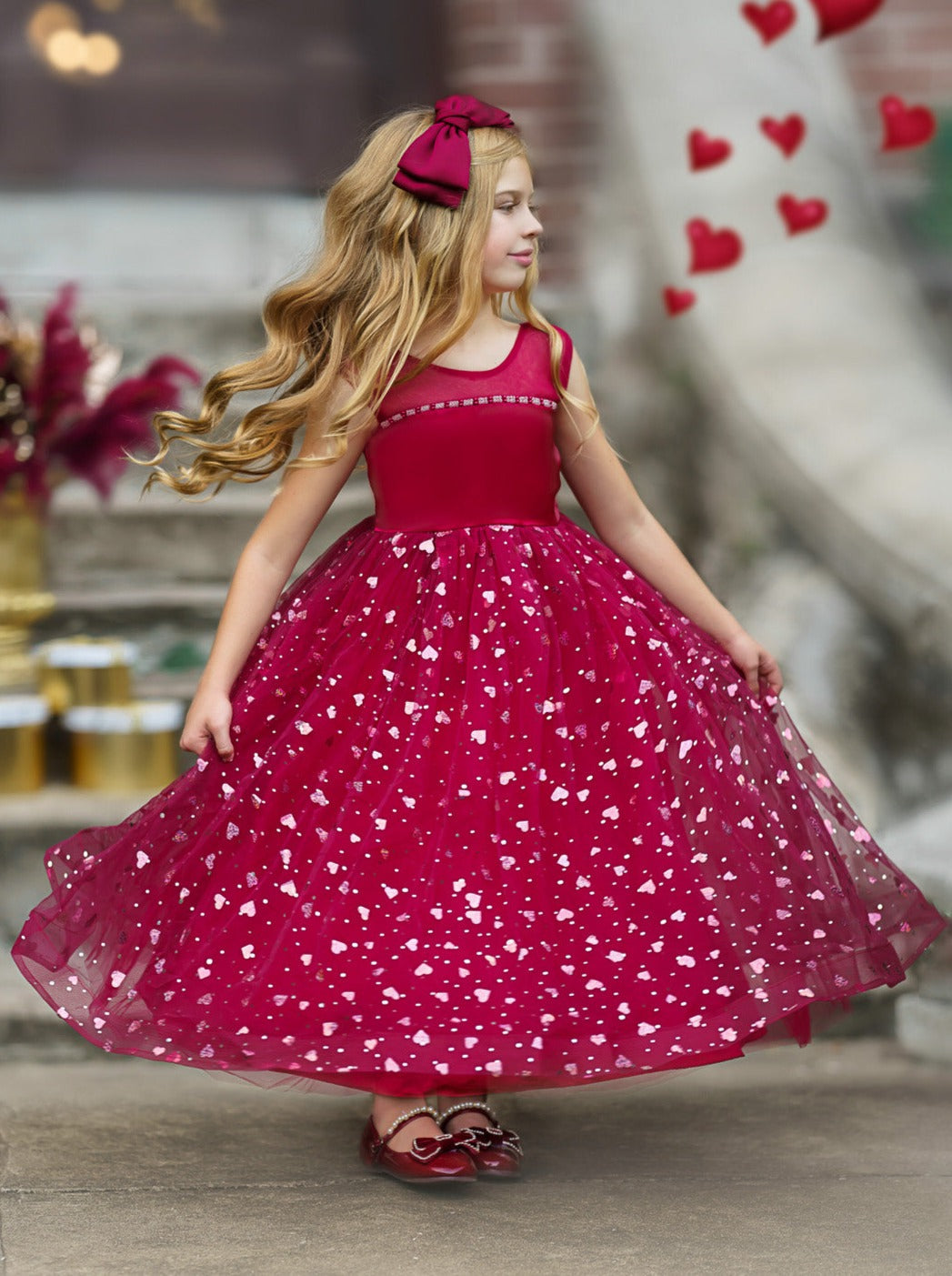 Little Girls Special Occasion Dress | Sparkle Heart Sheer Collar Gown