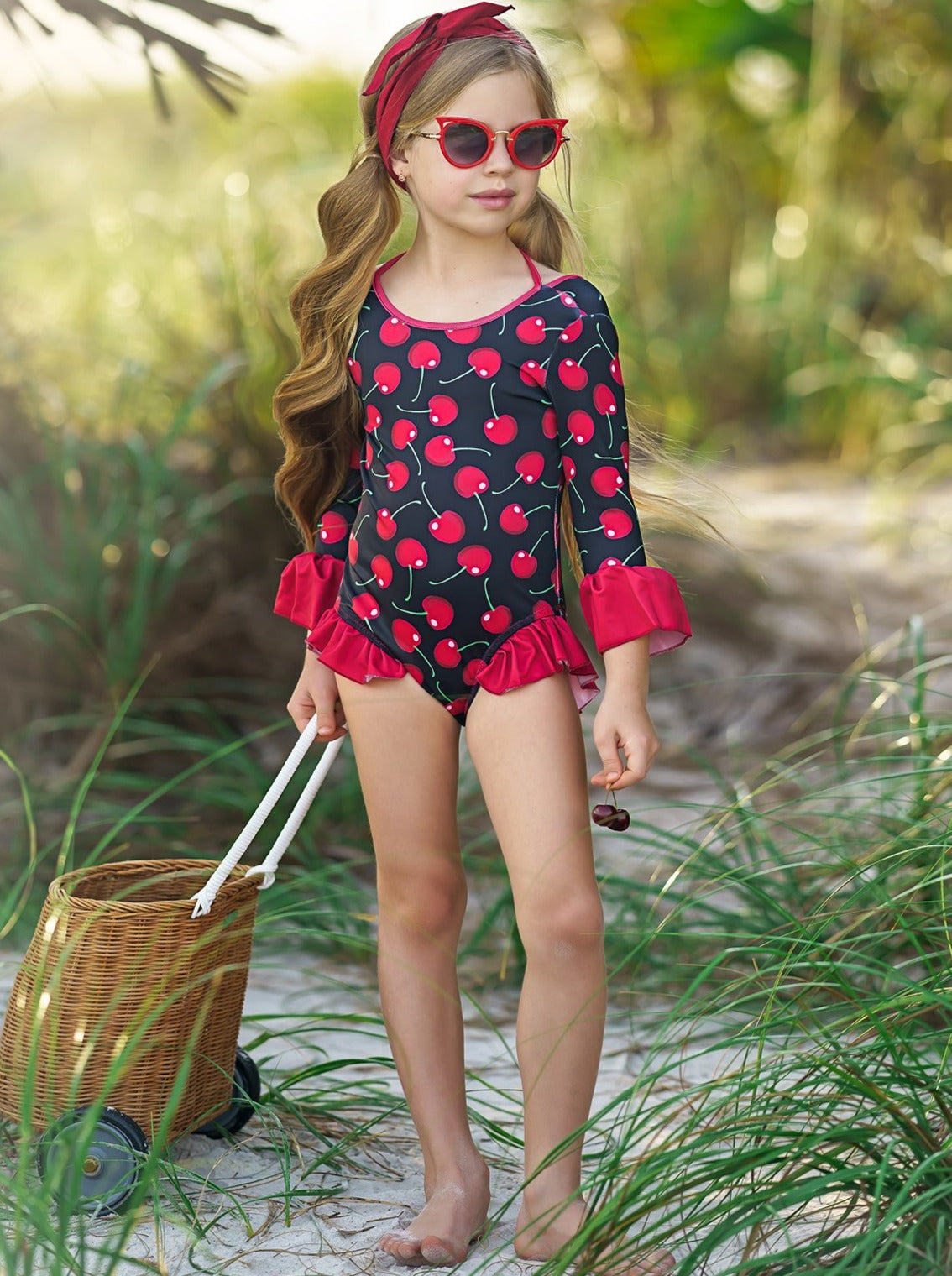 Girls Let's Catch Some Waves Rash Guard Cherry One Piece Swimsuit