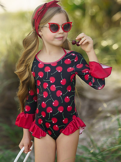 Girls Let's Catch Some Waves Rash Guard Cherry One Piece Swimsuit