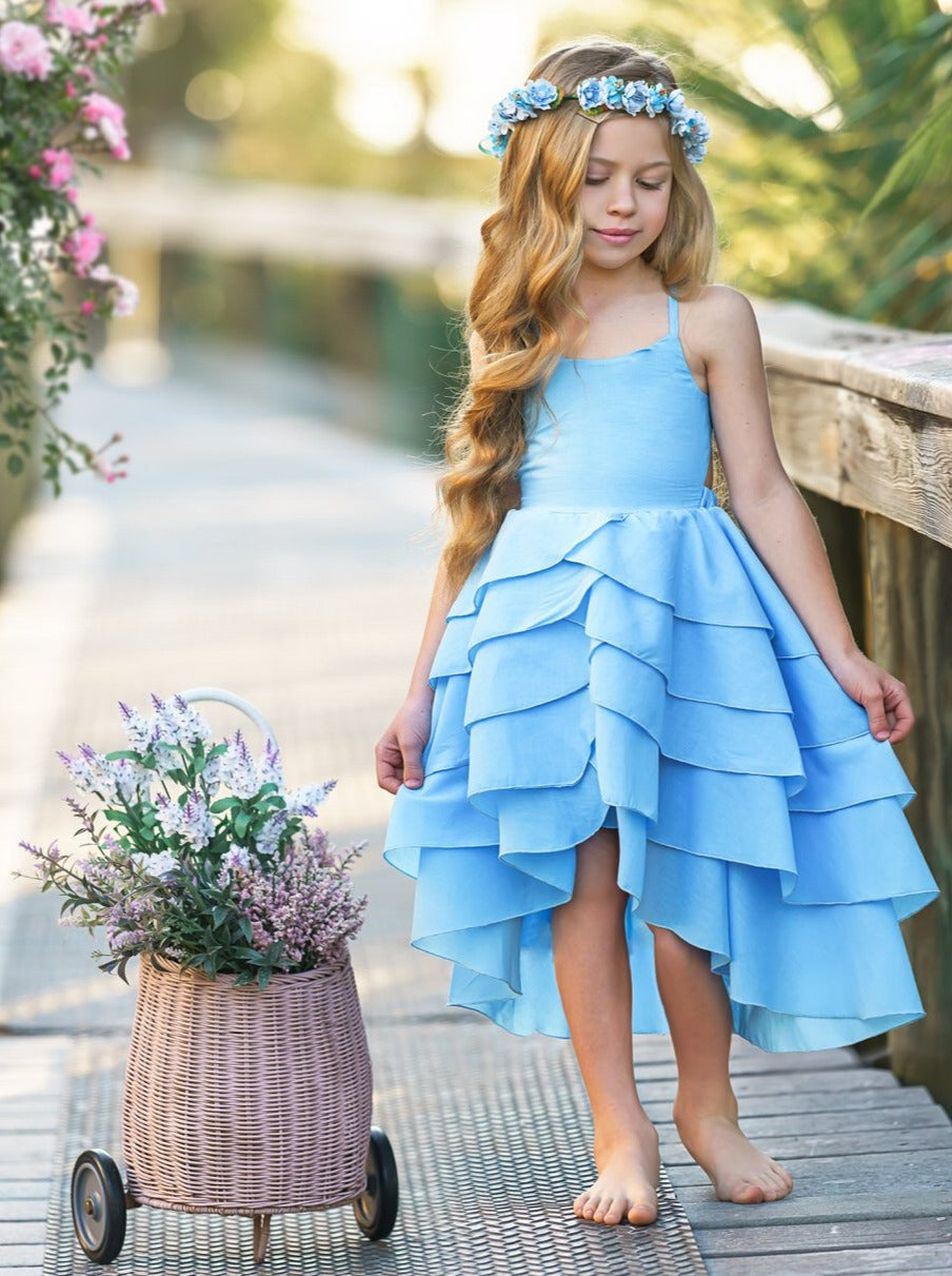 Toddler Spring Dresses | Girls Blue Sleeveless Tiered Hi-Lo Dress