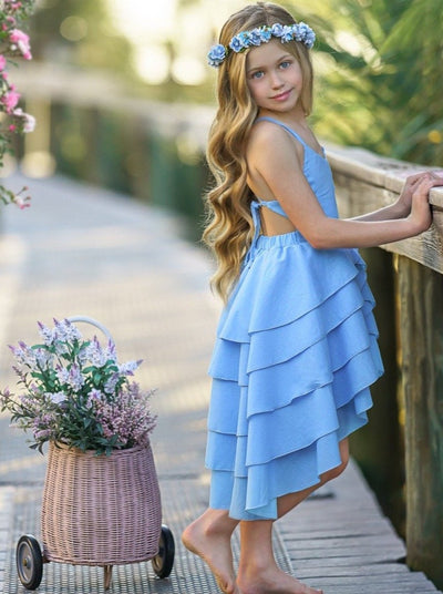 Toddler Spring Dresses | Girls Blue Sleeveless Tiered Hi-Lo Dress