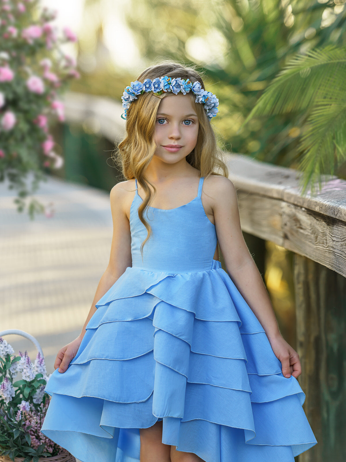 Toddler Spring Dresses | Girls Blue Sleeveless Tiered Hi-Lo Dress