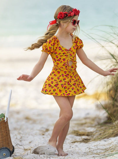 One Piece Girls Swimsuit | Puff Sleeve Rose Print Dress Swimsuit