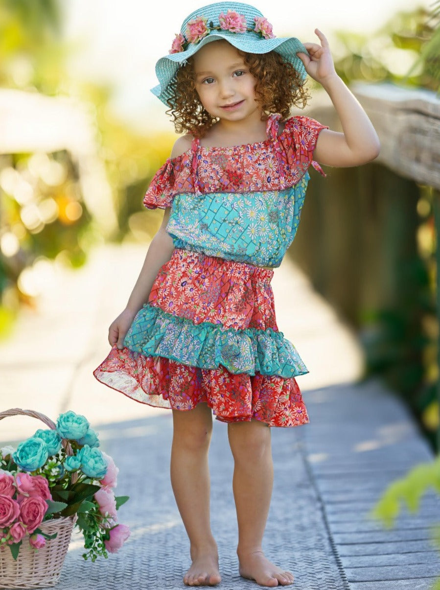 Toddler Spring Dresses | Girls Floral Ruffled Bib Top & Skirt Set