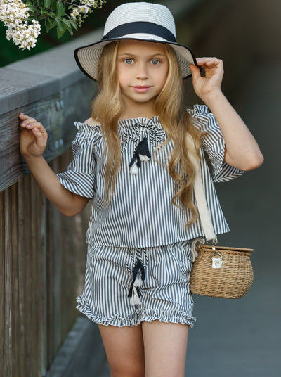 Girls Spring Outfits | Blue Pinstriped Off Shoulder Top & Shorts Set