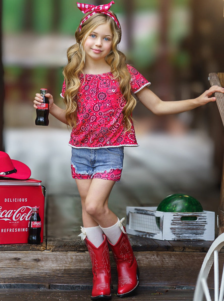 Girls Summer Causal Outfits | Paisley Top & Patched Denim Shorts Set