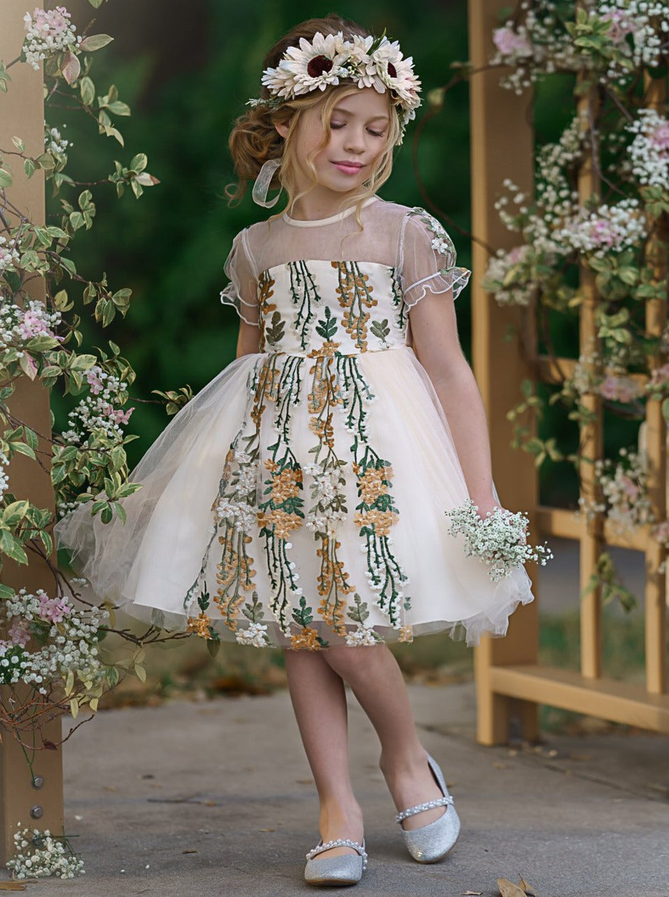 Girls Spring Mesh Floral Embroidered Tulle Dress