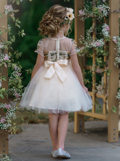Girls Spring Mesh Floral Embroidered Tulle Dress