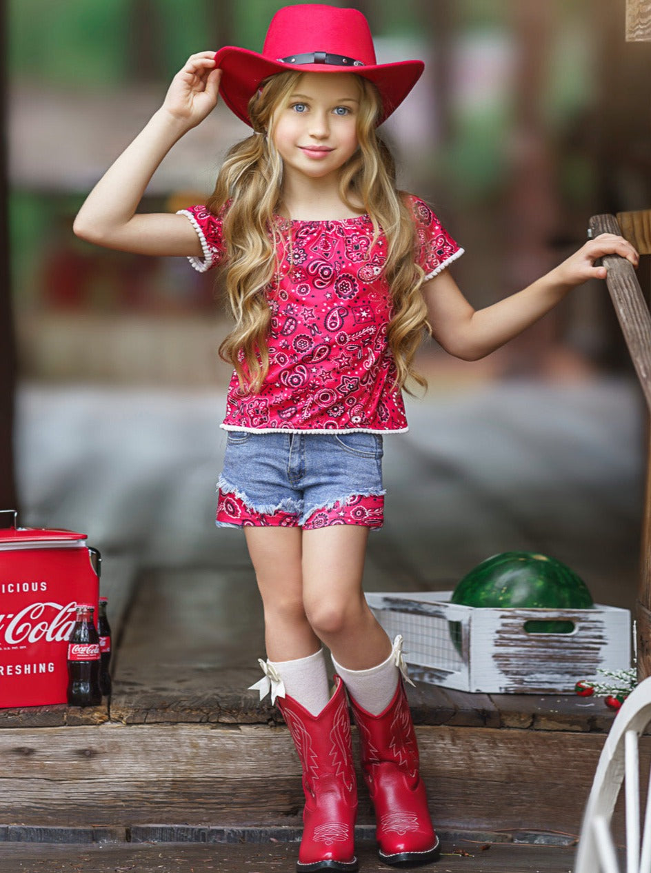 Girls Summer Causal Outfits | Paisley Top & Patched Denim Shorts Set