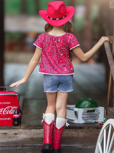 Girls Summer Causal Outfits | Paisley Top & Patched Denim Shorts Set