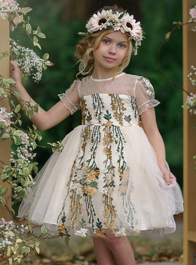 Girls Spring Mesh Floral Embroidered Tulle Dress