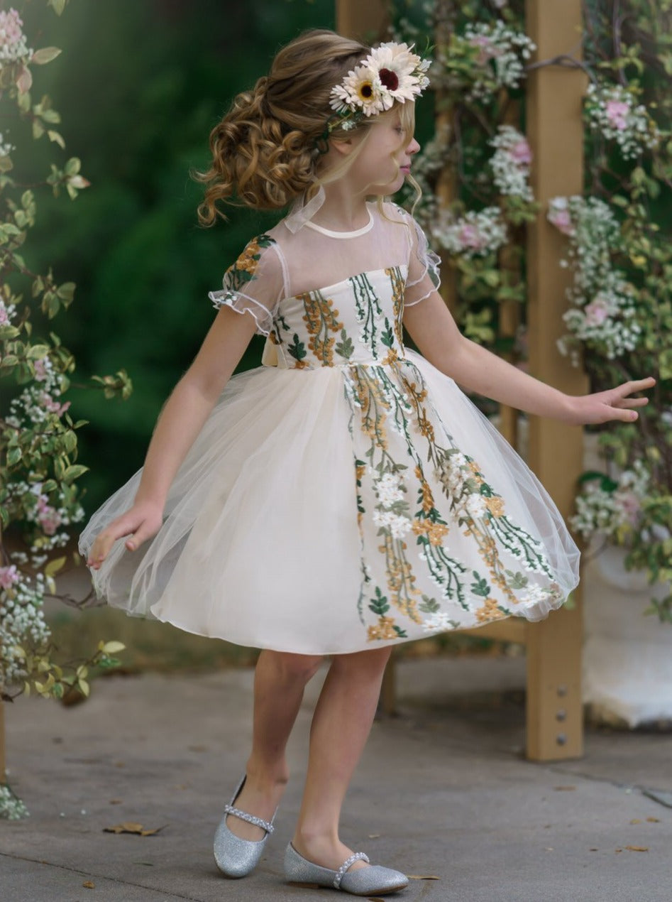 Girls Spring Mesh Floral Embroidered Tulle Dress
