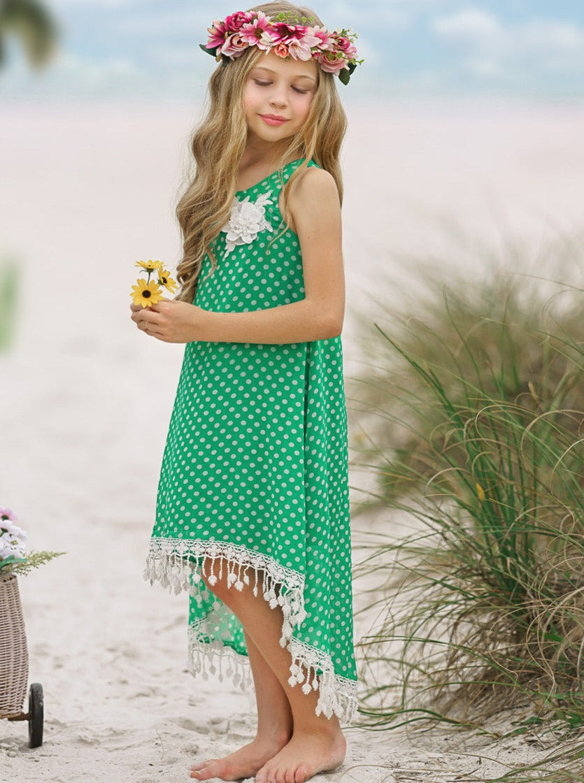 Girls Boho Polka Dot Hi-Lo Fringe Hem Maxi Dress - Mia Belle Girls