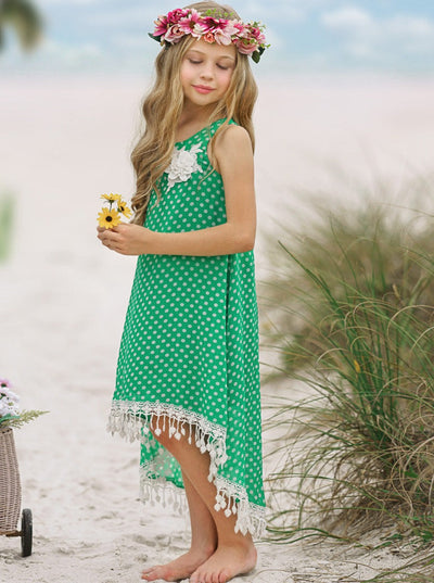 Girls Boho Polka Dot Hi-Lo Fringe Hem Maxi Dress - Mia Belle Girls