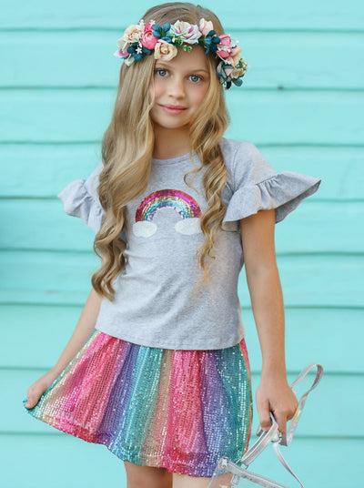 Girls Spring Outfits | Rainbows & Clouds Top & Sequin Skirt Set