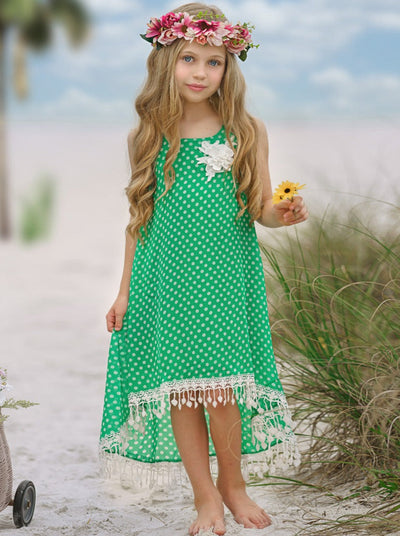 Girls Boho Polka Dot Hi-Lo Fringe Hem Maxi Dress - Mia Belle Girls