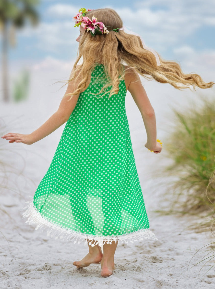 Girls Boho Polka Dot Hi-Lo Fringe Hem Maxi Dress - Mia Belle Girls