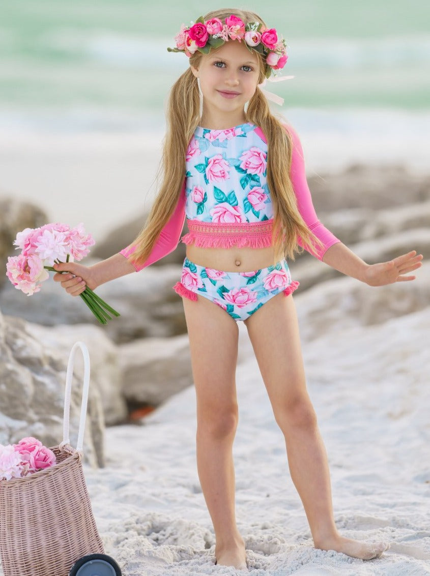 Kids Swimsuits | Little Girl Rose Print Rash Guard Two Piece Swimsuit