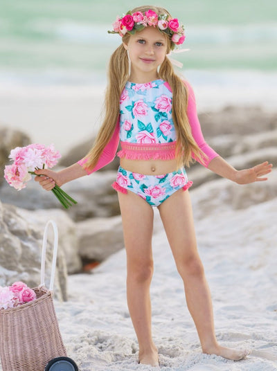 Kids Swimsuits | Little Girl Rose Print Rash Guard Two Piece Swimsuit