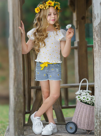 Cute Toddler Outfit | Little Girls Daisy Smock Top & Denim Shorts Set