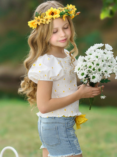 Cute Toddler Outfit | Little Girls Daisy Smock Top & Denim Shorts Set