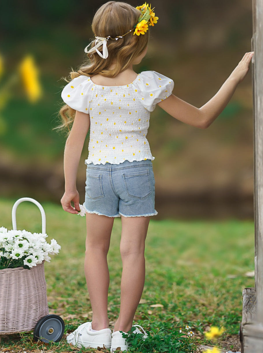 Cute Toddler Outfit | Little Girls Daisy Smock Top & Denim Shorts Set