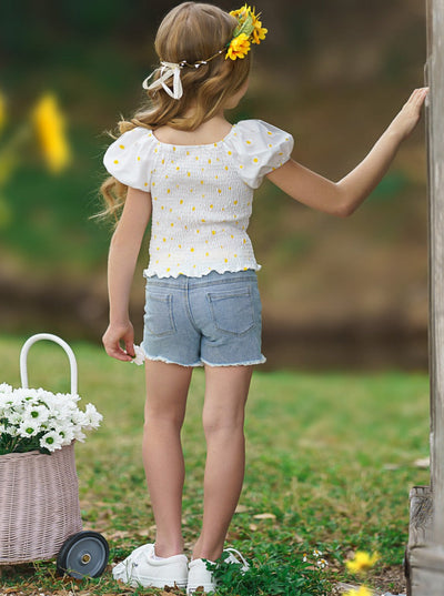 Cute Toddler Outfit | Little Girls Daisy Smock Top & Denim Shorts Set