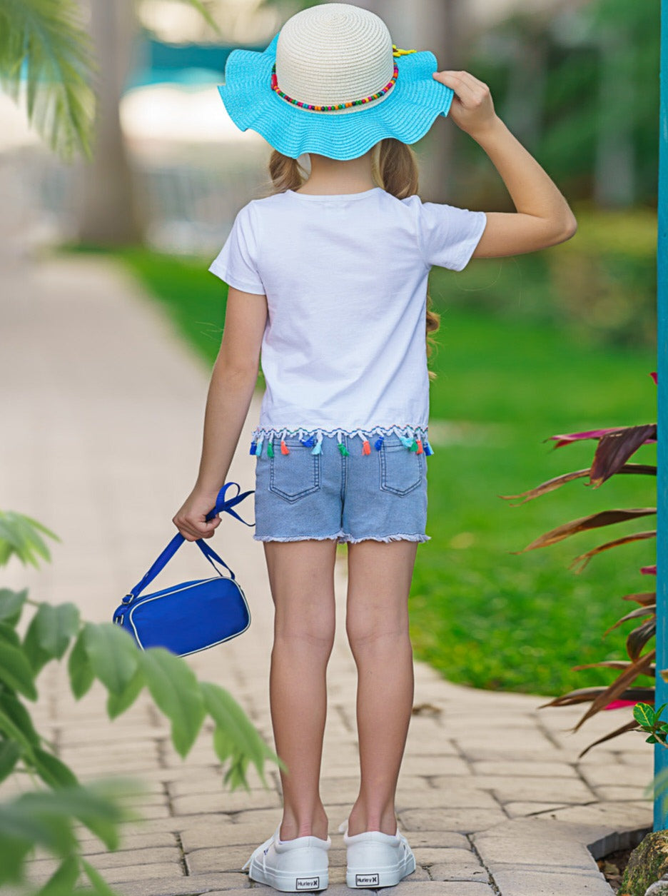 Cute Toddler Outfit | Girls Hello Summer Tassel Top & Denim Shorts Set