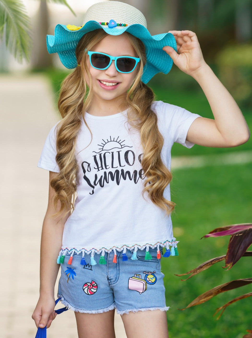 Cute Toddler Outfit | Girls Hello Summer Tassel Top & Denim Shorts Set