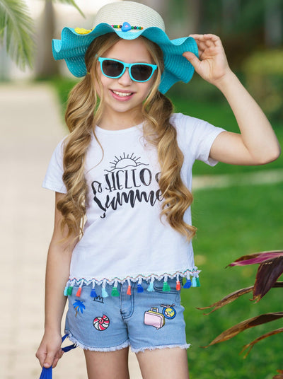 Cute Toddler Outfit | Girls Hello Summer Tassel Top & Denim Shorts Set