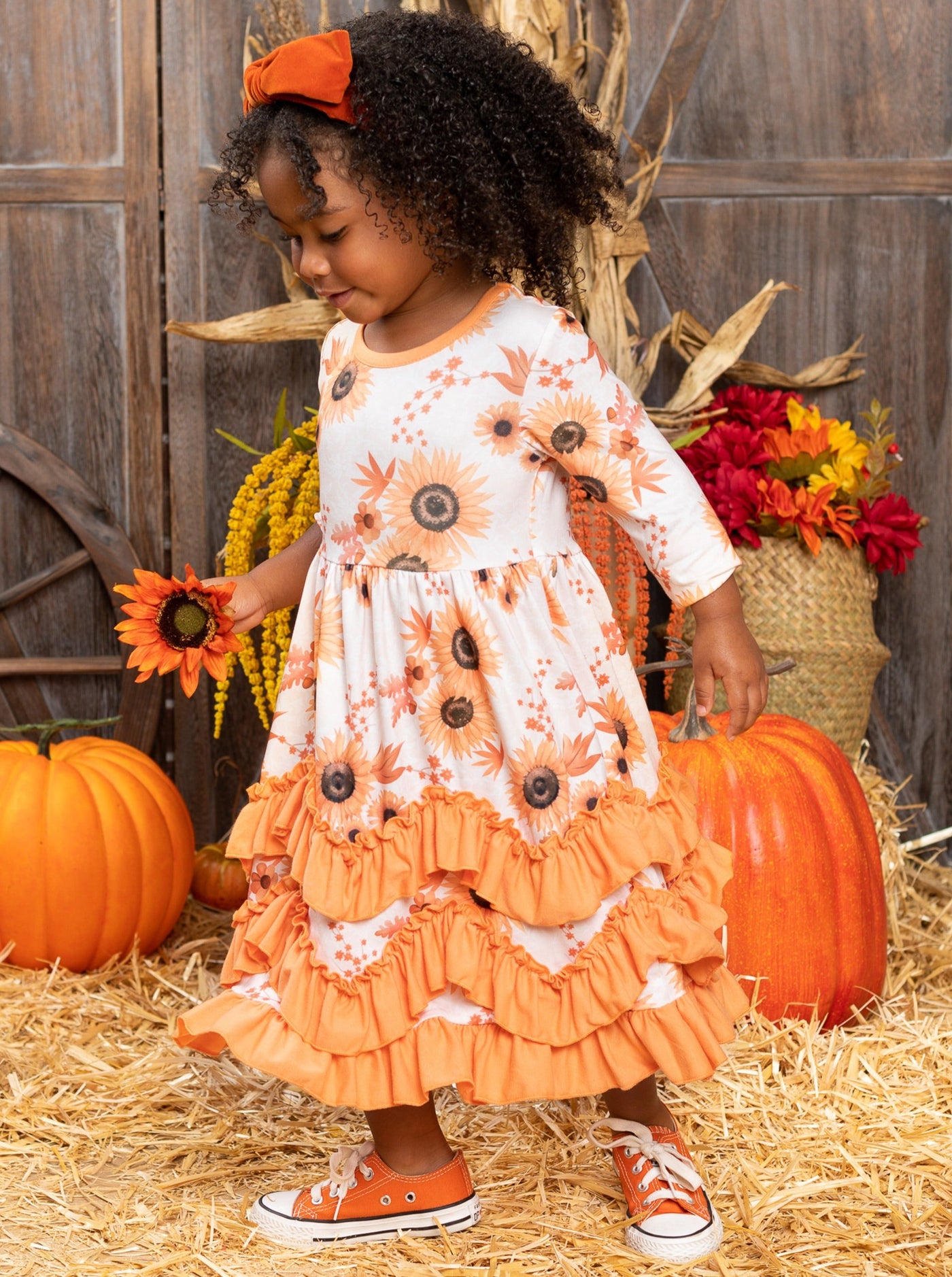 Little girls Fall long-sleeved dress with autumn floral print and tiered ruffle hem skirt - Mia Belle Girls